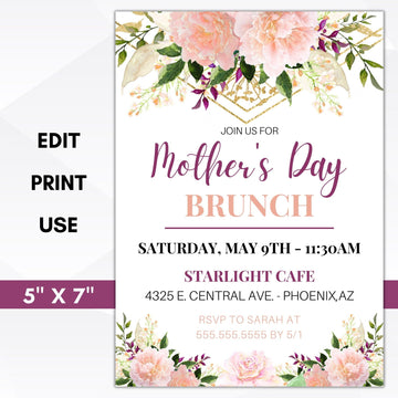 mother's day brunch luncheon tea party invitation editable template instant download